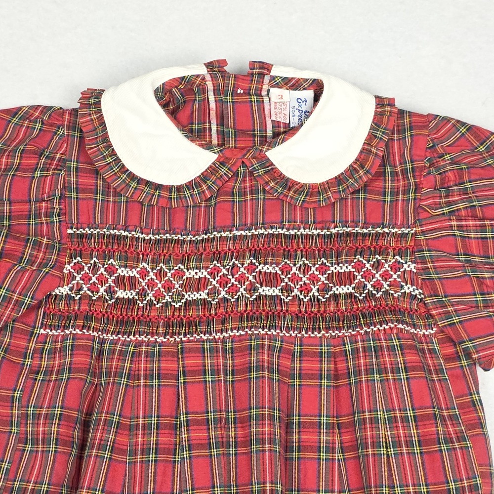 VTG Orient Express Girls Short Sleeve Dress‎ 3 Red Plaid Smock Holiday Hong Kong - Picture 2 of 12
